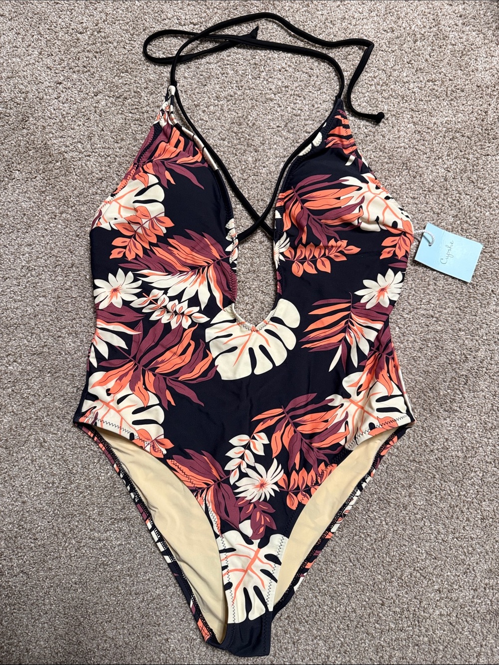 Sexy Cupshe Deep V Floral One-Piece Swimsuit - Navy with Coral, Mauve, & Cream